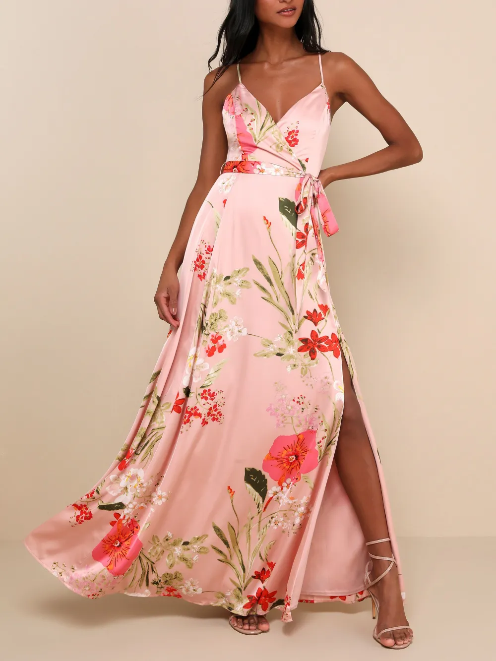 Red Floral Print Satin Maxi Dress