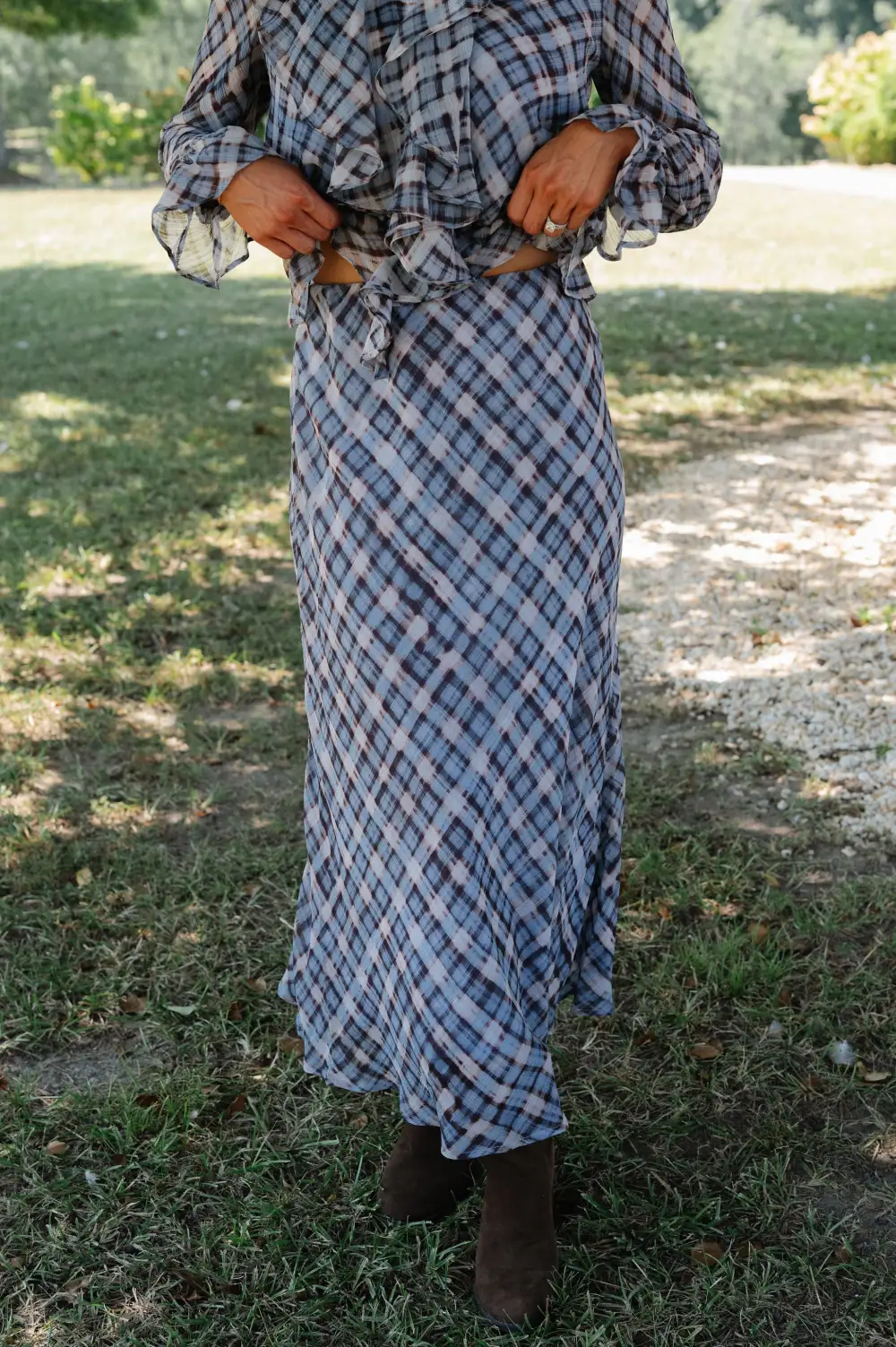 Plaid Chiffon Mid Rise Maxi Skirt