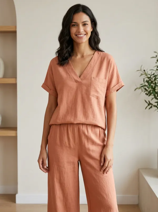 Pocket Linen-Blend Women's V-Neck Shirt