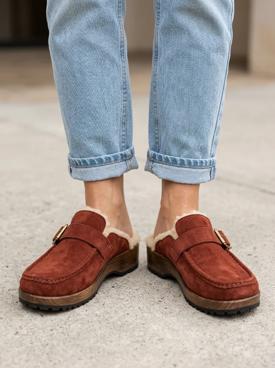 Women's Utility Faux Fur Lined Buckle Detail Clog Style Suede Wood Sole Loafers