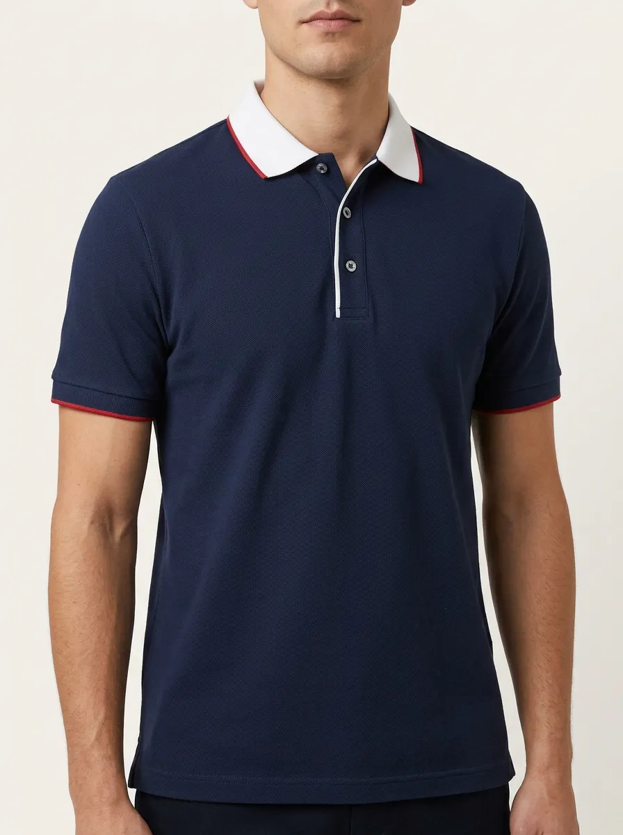 Men's Navy Blue Contrast White Collar Red Trim Polo Shirt