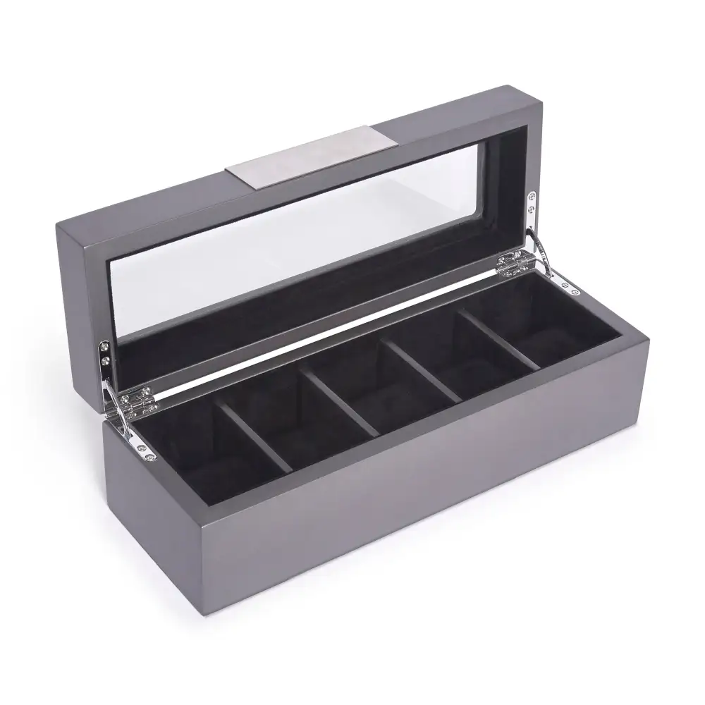 Hinged Five Slot Glass Top Watch Storage Box