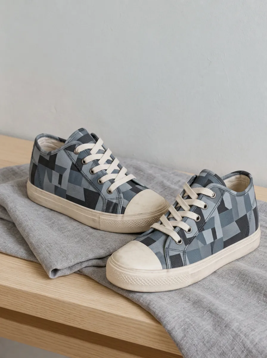 Men's Geometric Pattern Grey Blue Printed Canvas Shoes