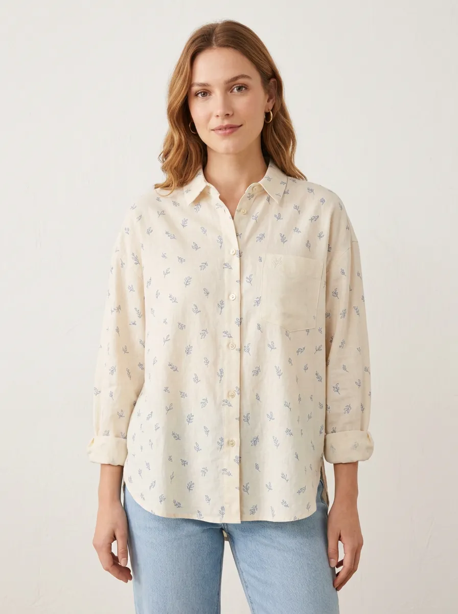 Women's Casual Botanical Blue Leaf Printed Button-Down Shirt