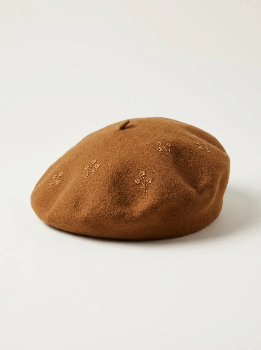 Unisex Floral Nature Lover Brown Embroidered Beret