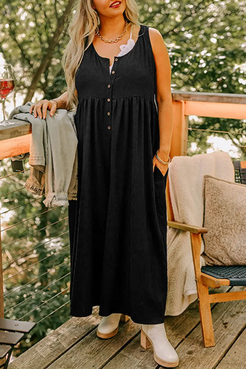 Plus Size Sleeveless Button Front Loose Jumpsuit
