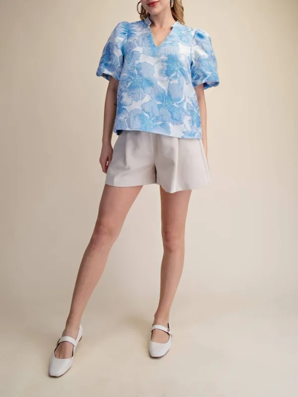 V-Neck Puff Sleeve Jacquard Top