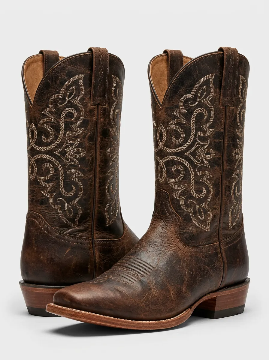 Classic Western Embroidered Distressed Leather-Look Country Style Men's Western Cowboy Boots