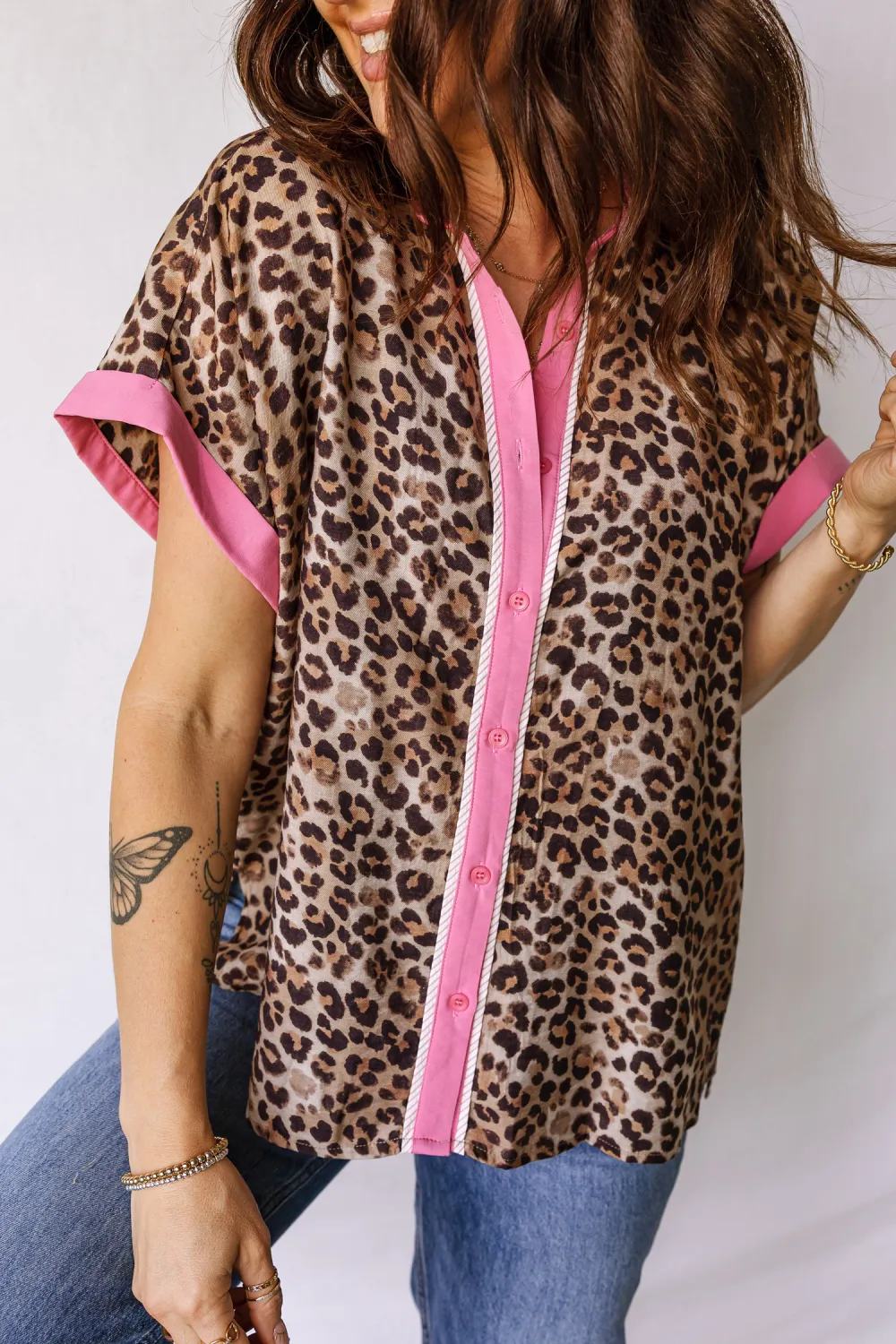 Leopard Print Contrasted Trim Animal Shirt