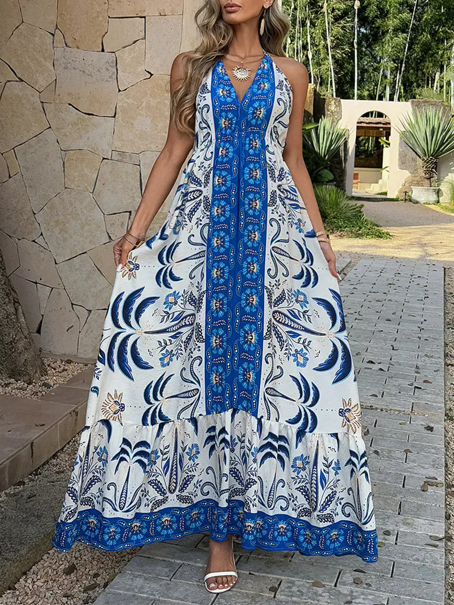 Pleated Floral Printed Sleeveless Neck Maxi Dress