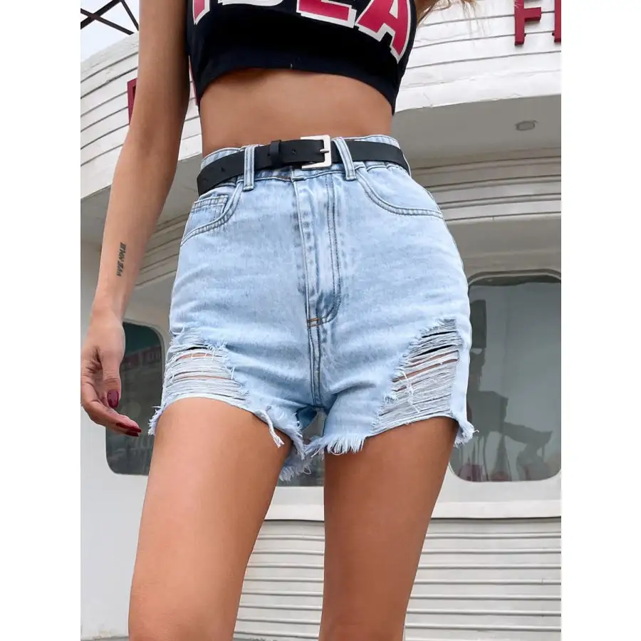 Flowy Distressed Raw Hem Denim Shorts