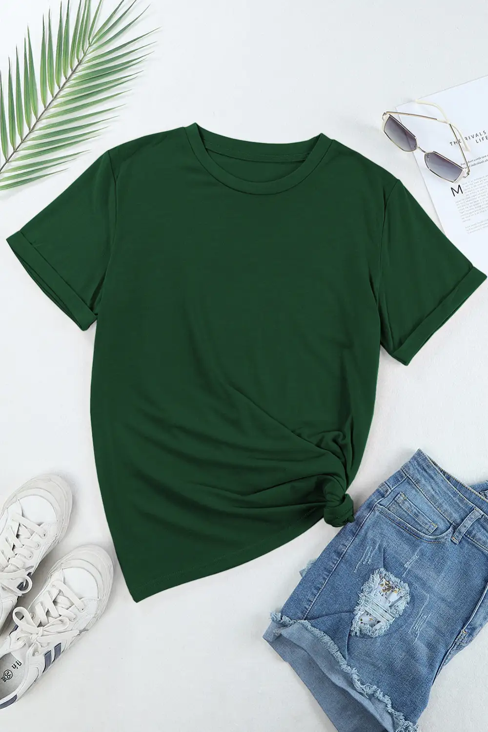Green Casual Plain Crew Neck