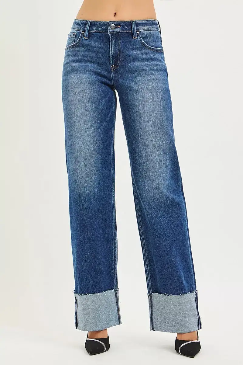 Mid Rise Cuffed Hem Wide Straight Jeans