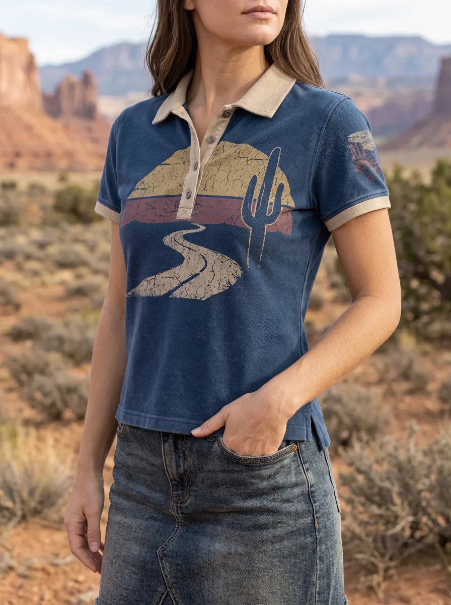 Women's Desert Travel Lover Cactus Sunset Printed Polo Shirt