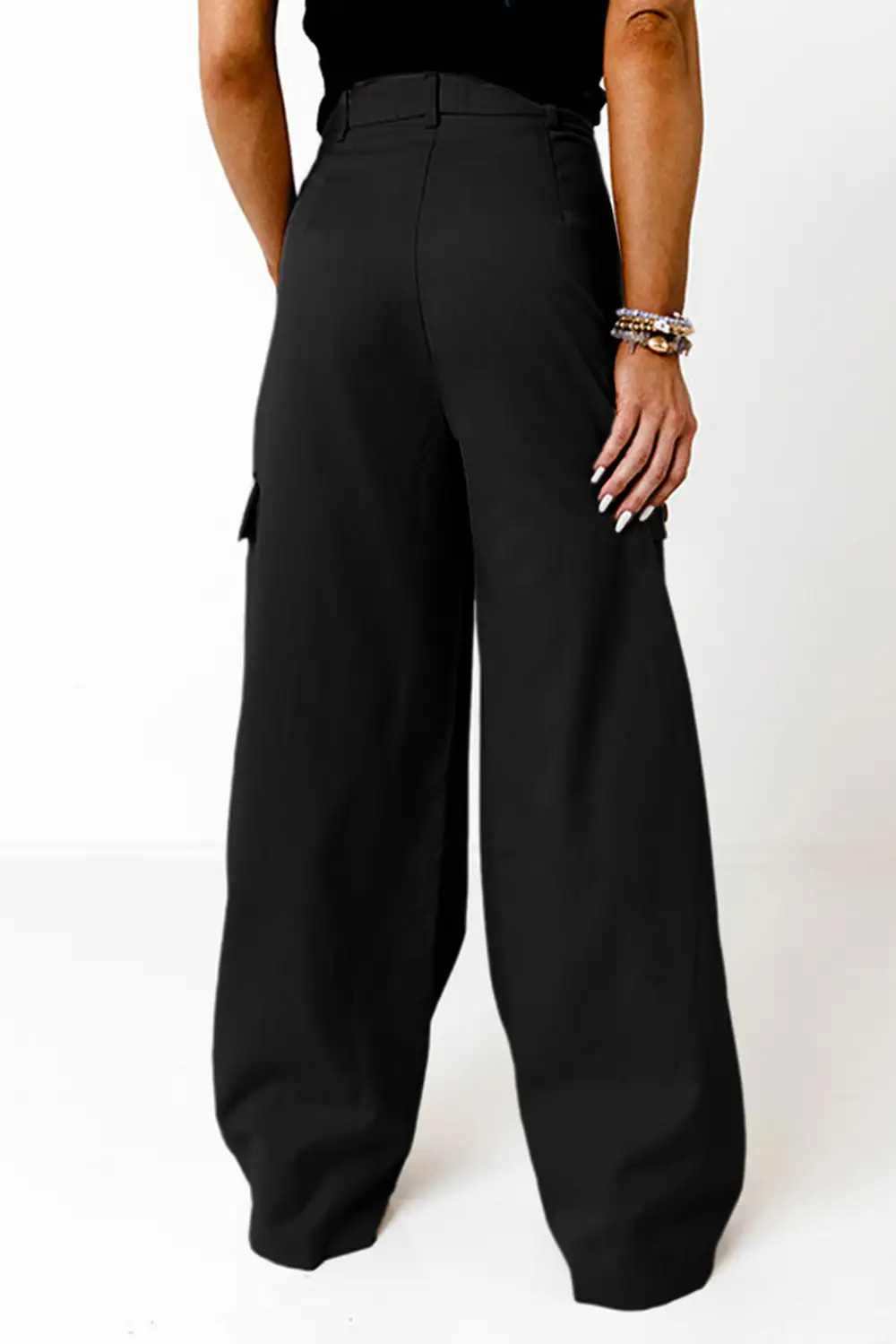 Ruched Wide Leg Pants With Pocket