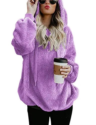 Women Casual Double Fuzzy Sweatshirt Faux Fleece Zip Pullover Hoodies Coat Outwear S-XXL