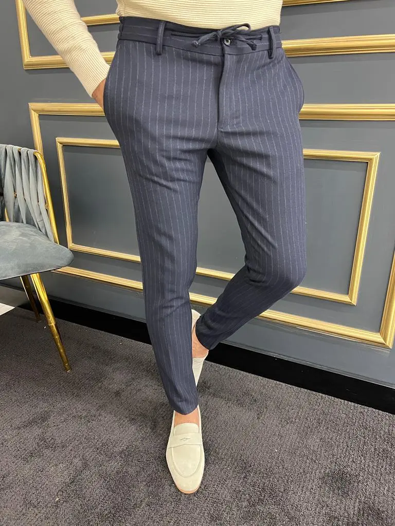 Rope Detail Slim Fit Striped Tailored Trousers