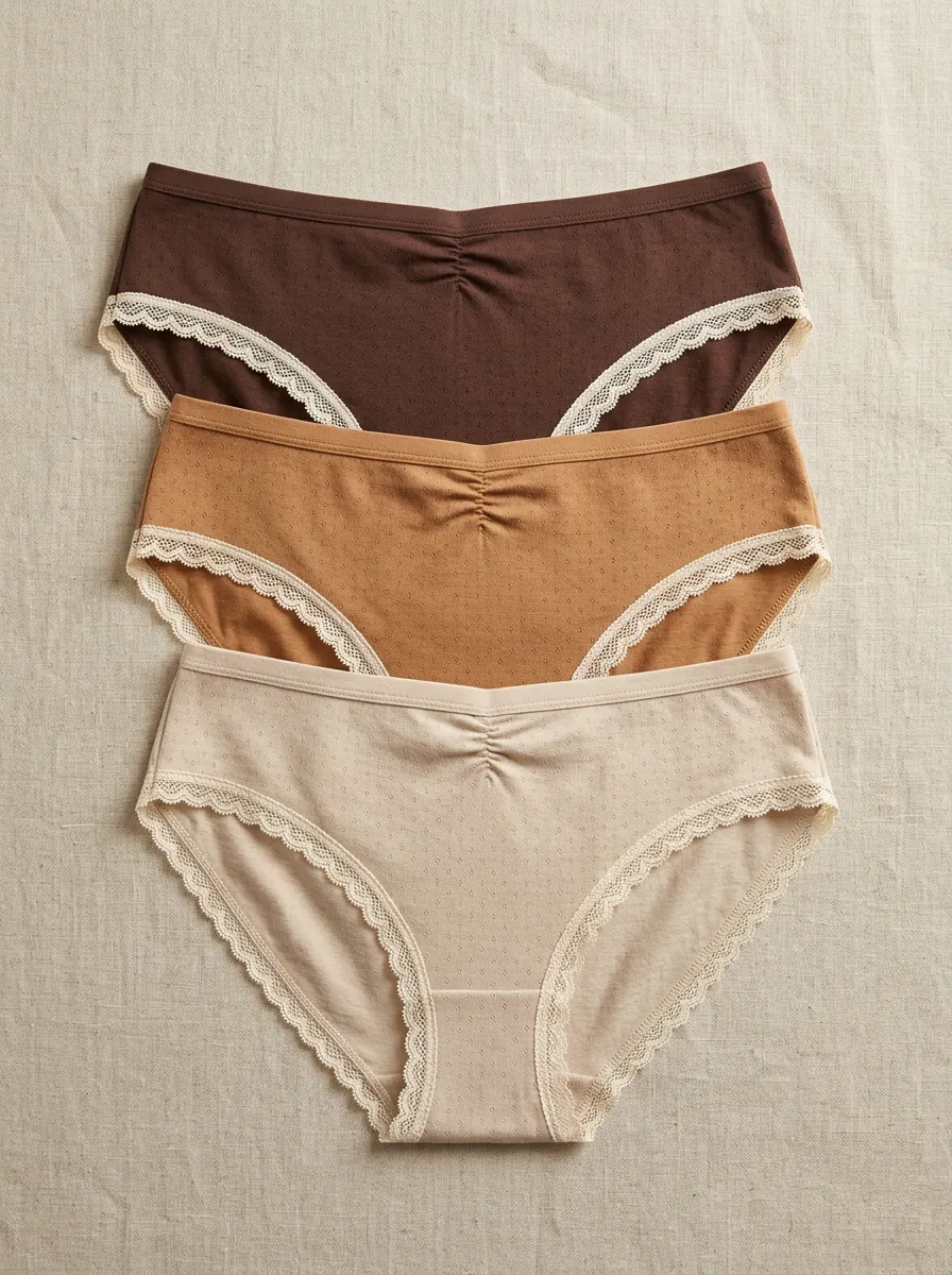 Women's Neutral Tone Swiss Dot Lace Trimmed Panties Set