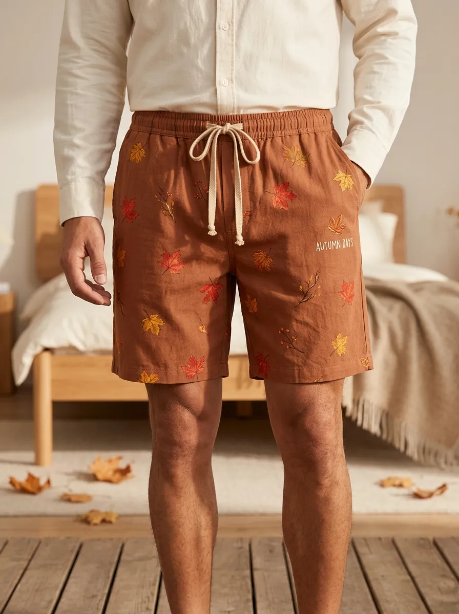 Rust Leaf-print Drawstring Shorts