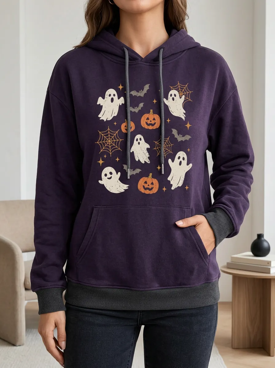 Women's Halloween Ghost Pumpkin Bat Classic Graphic Hoodie