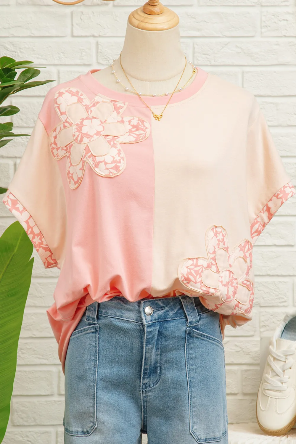 Apricot Block Flower Patched Loose Tee