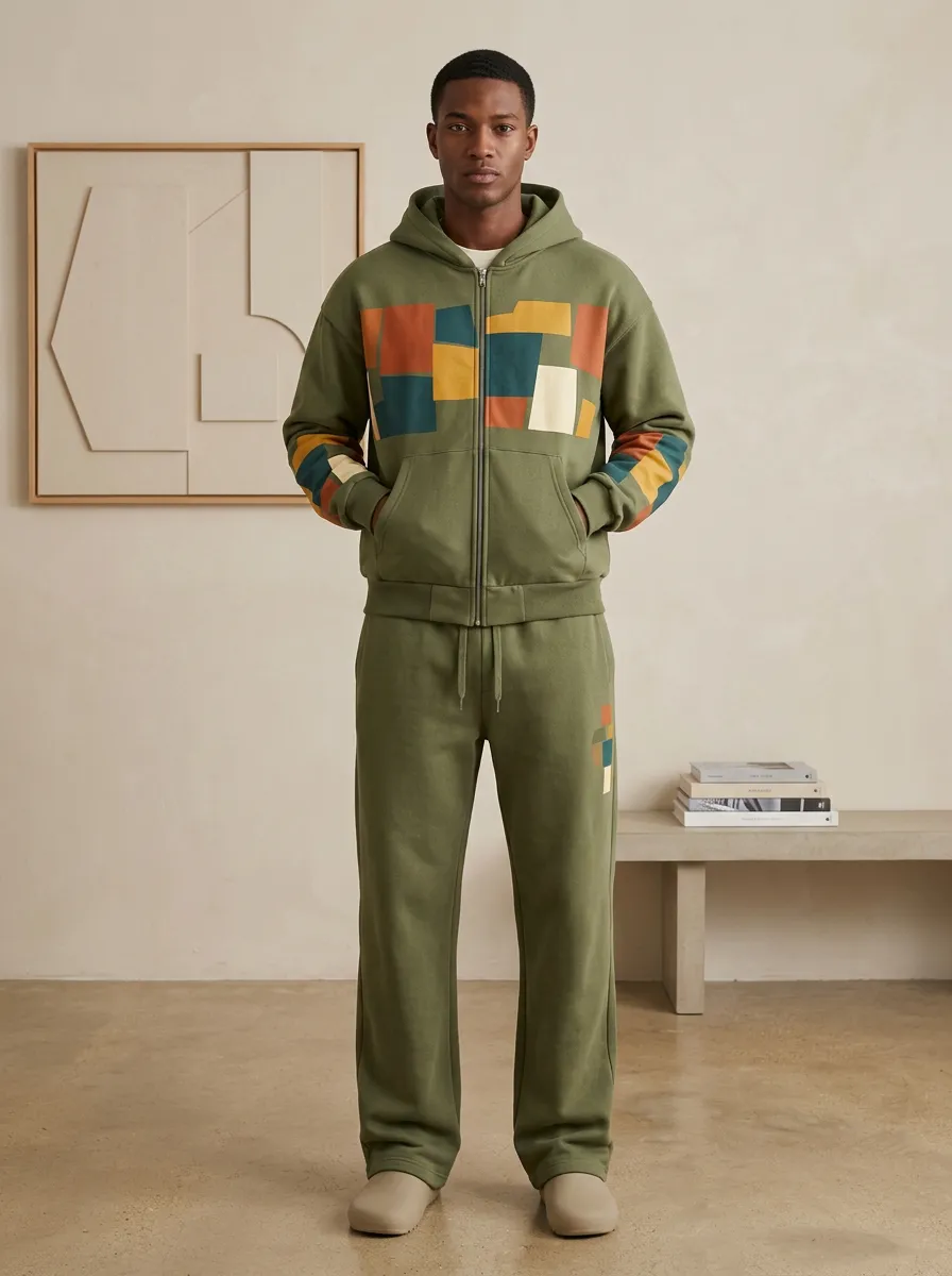 Men's Geometric Colorblock Printed Hooded Tracksuit