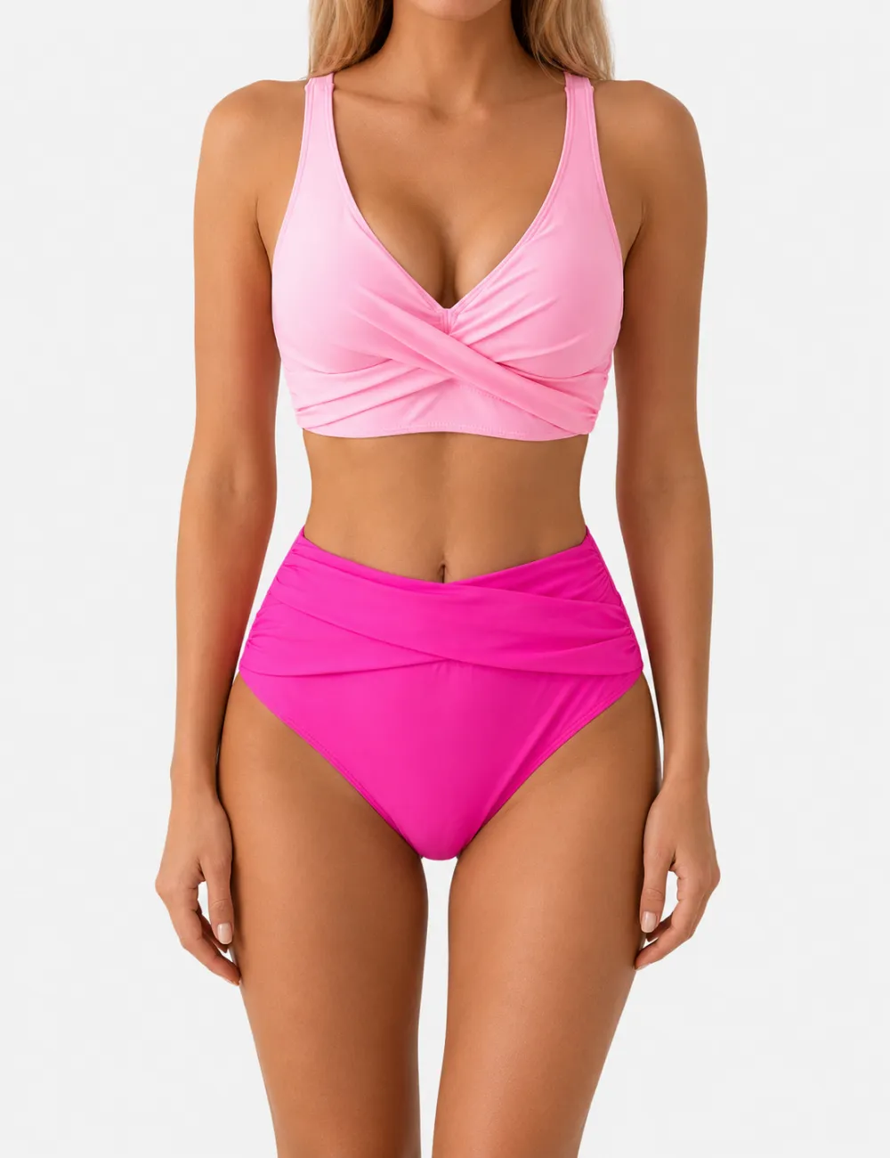 Twist Front V Neck High Waisted Bikini Set