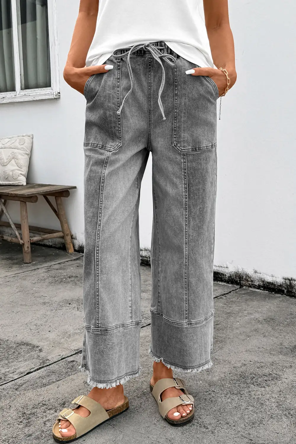 Women's Raw Hem Wide Leg Denim Pants With Drawstring Detail