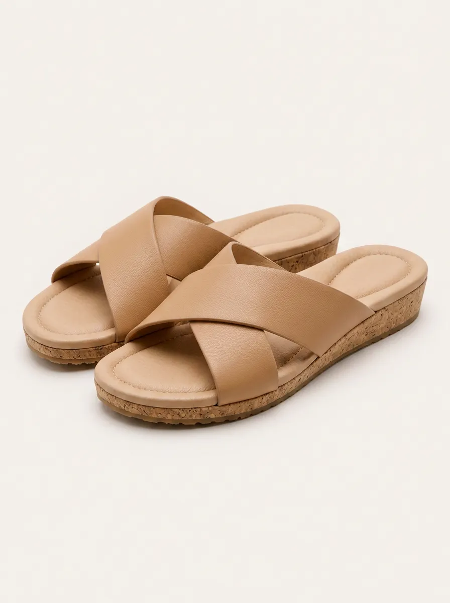 Women's Casual Beige Cross Strap Cork Sole Sandals