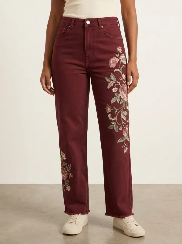 Women's Mid-Blue Cactus Floral Embroidered High-Rise Straight Leg Jeans