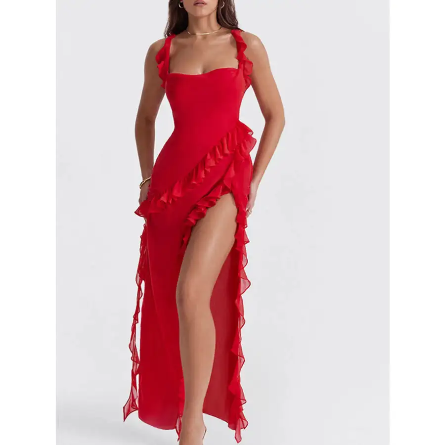 Split Ruffled Square Neck Maxi Dress