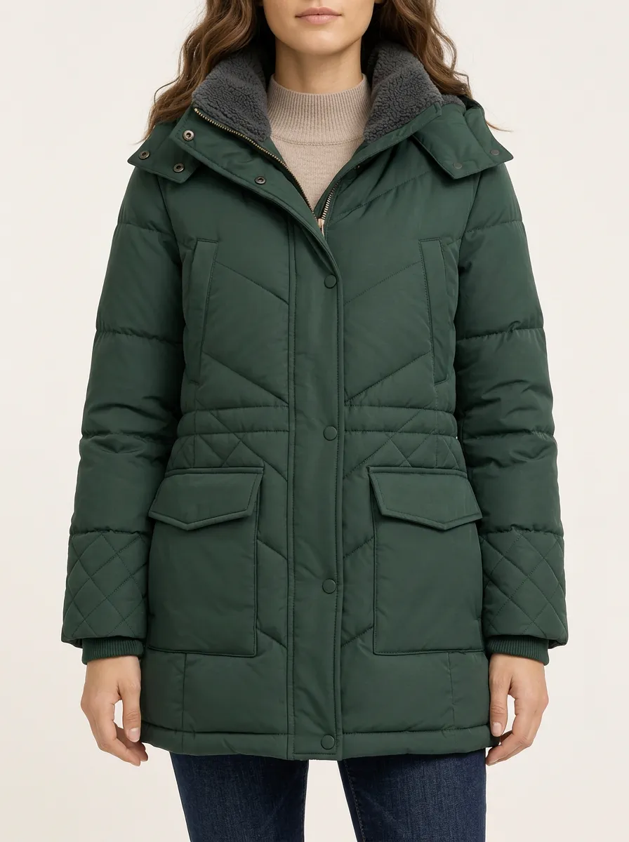Women's Green Quilted Hooded Puffer Jacket