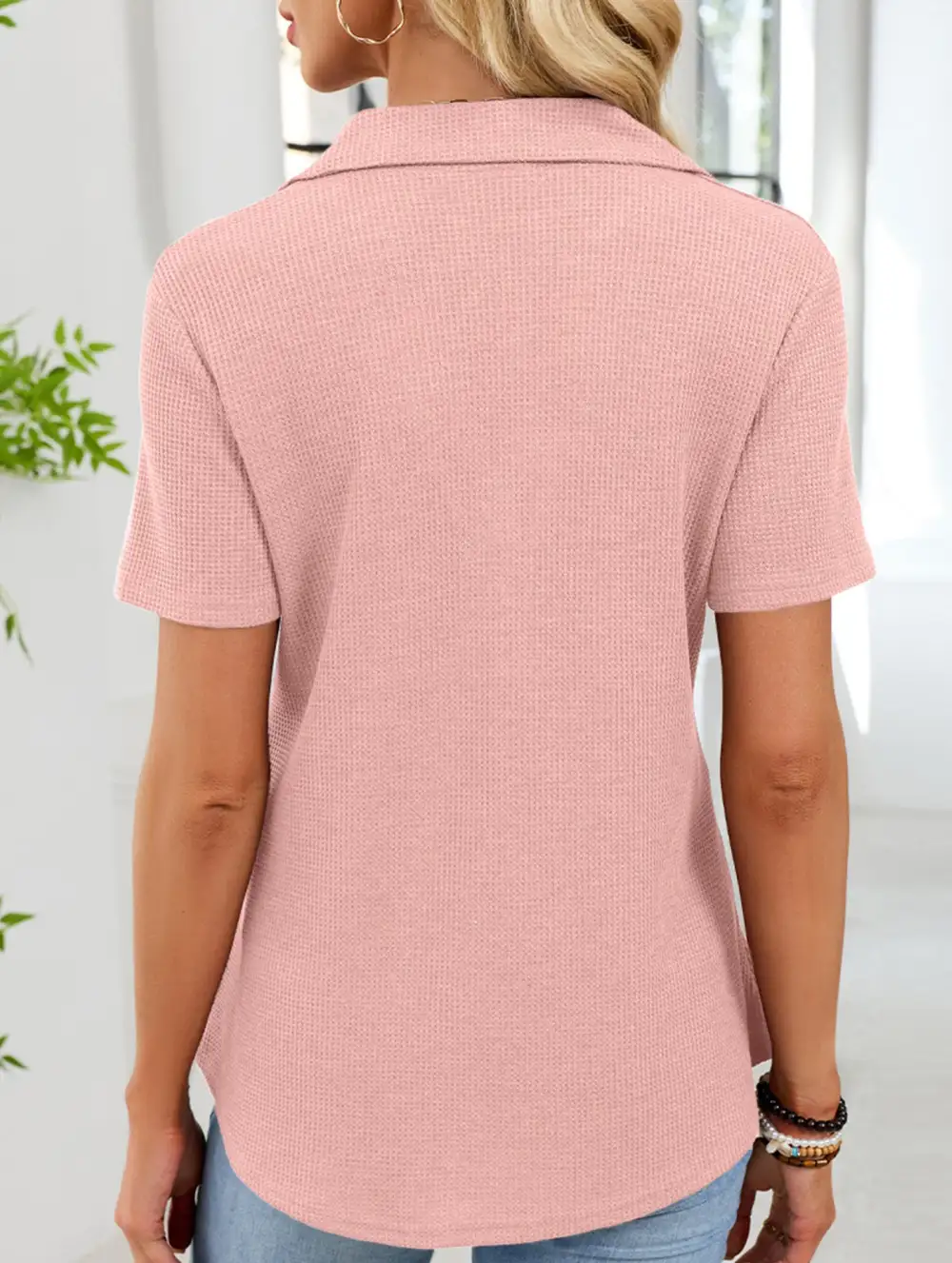 Lapel Waffle Knit Short Sleeve Top