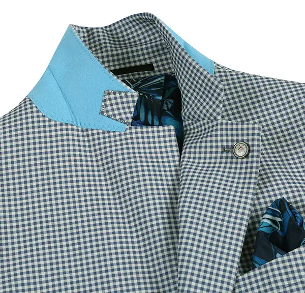 Sage Blue Slim Fit Check Side Vents Blazer