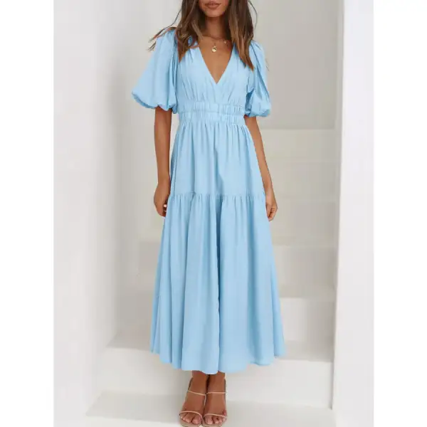 Neck V-Neck Puff Sleeve Midi Dress