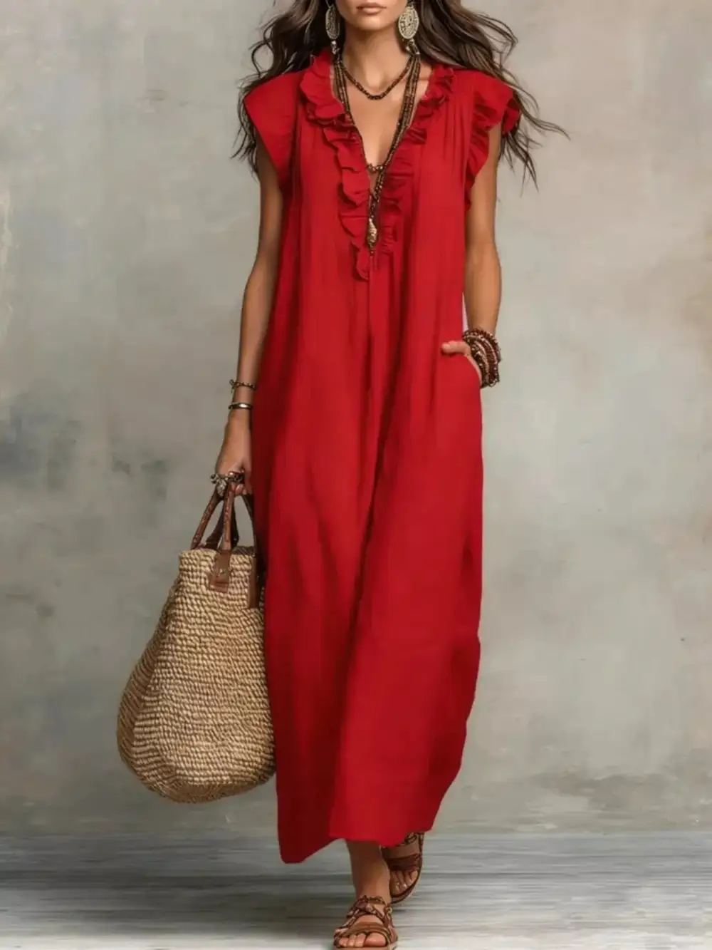 Ruffled V-Neck Maxi Dress