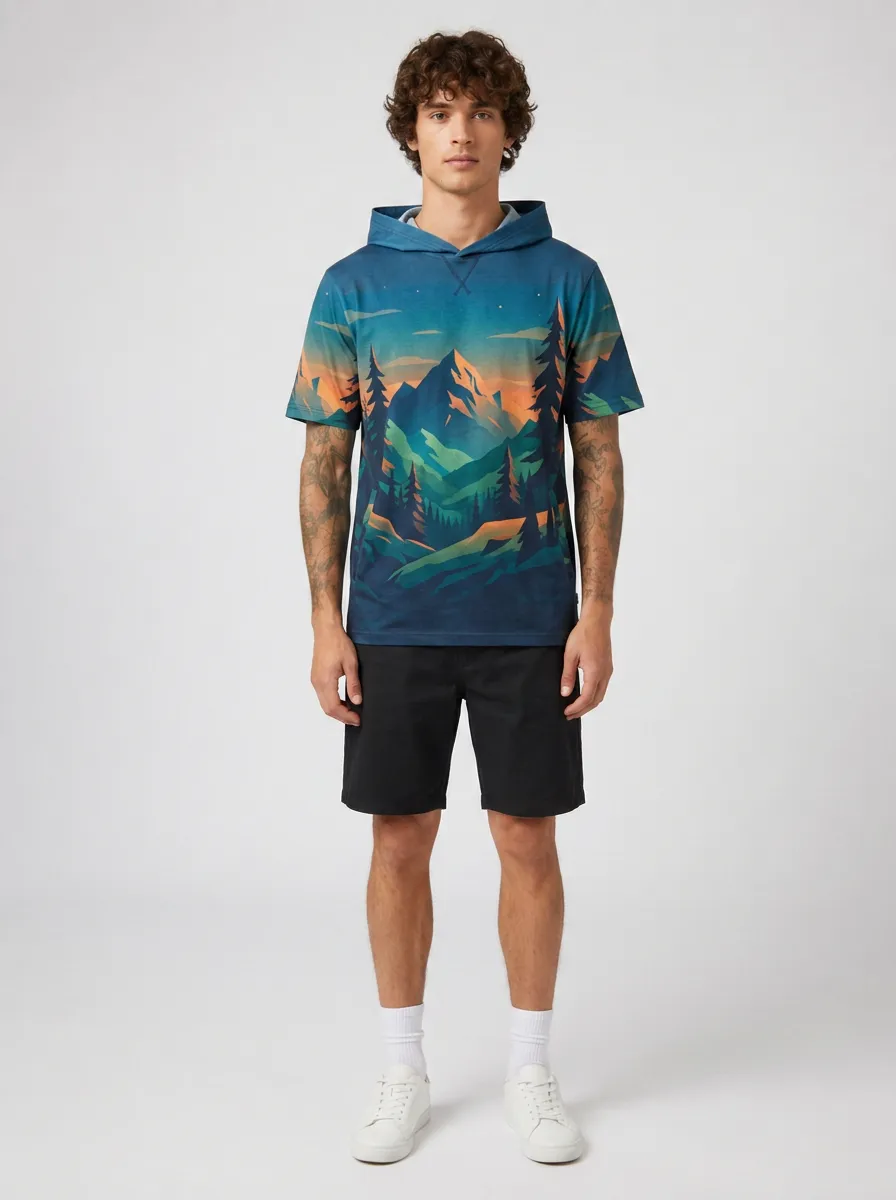 Men's Nature Outdoor Mountain Forest Printed Short Sleeve Hoodie
