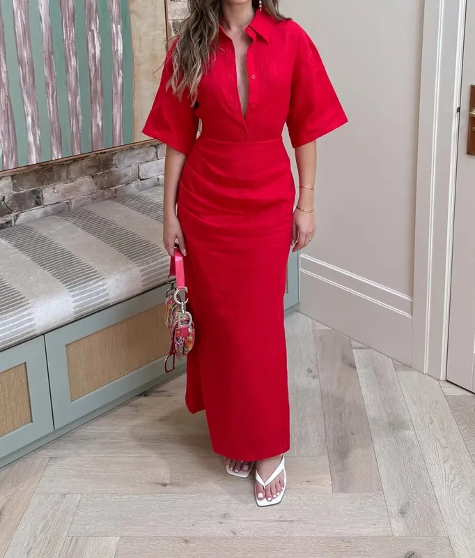 Red Ruched Midi Dress