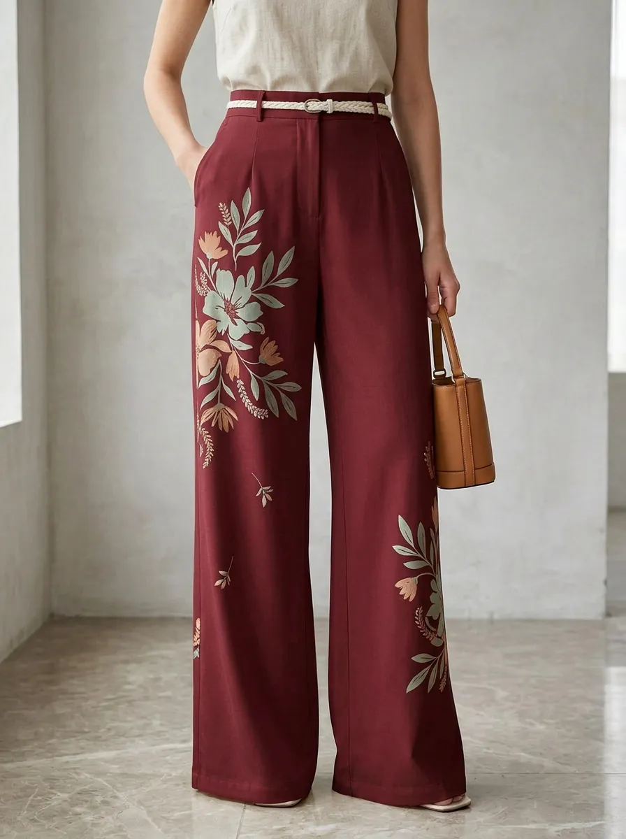 Women's Off-White Floral Print Slant Pocket High-Waisted Wide-Leg Trousers