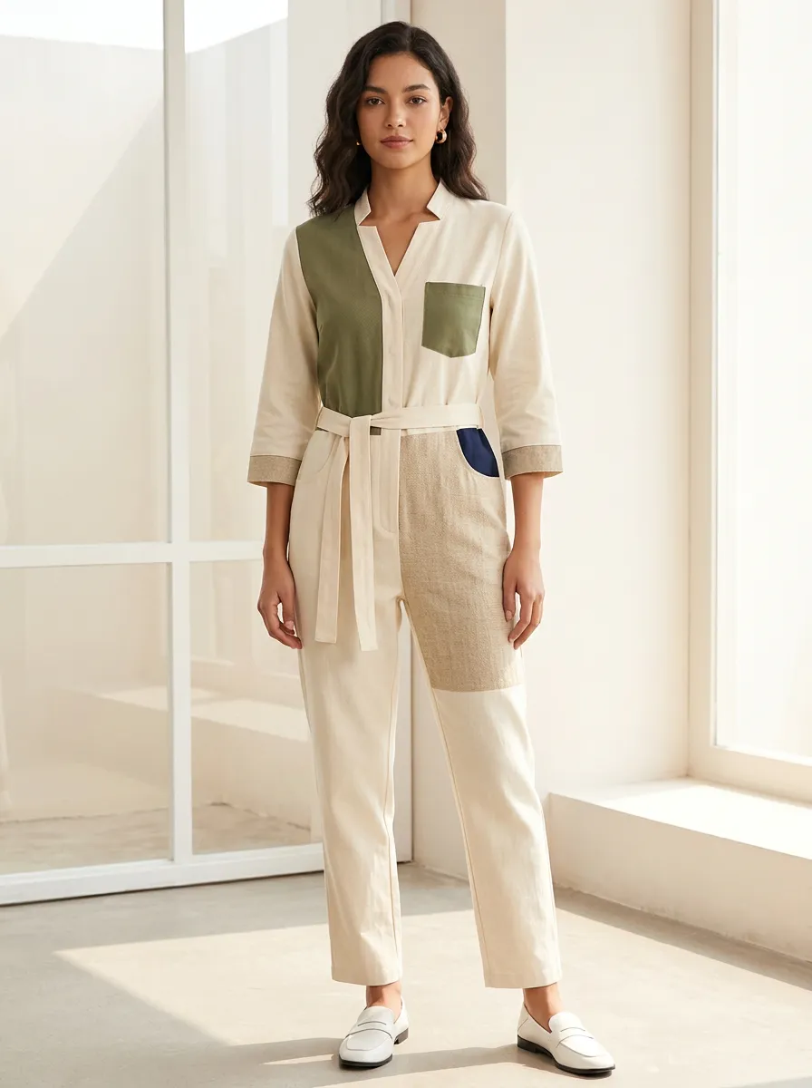Women's Marin Casual Minimalist Patchwork Colorblock Belted Jumpsuit