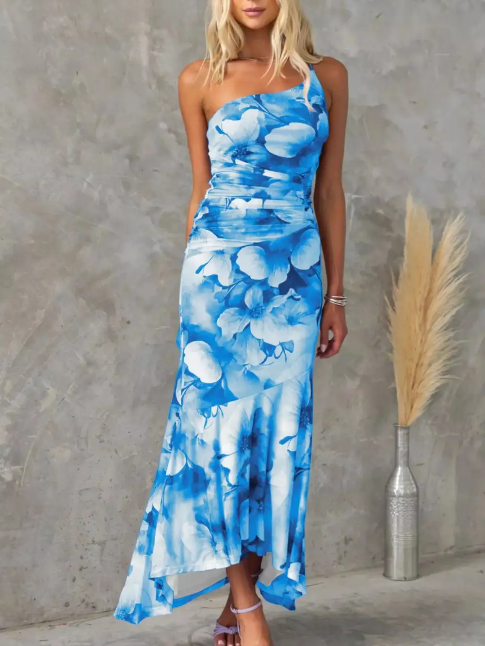 Casual Floral Print One Shoulder Ruched Maxi Dress