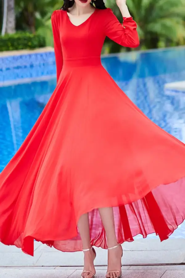 Chiffon Fit And Flare Long Sleeve Maxi Dress