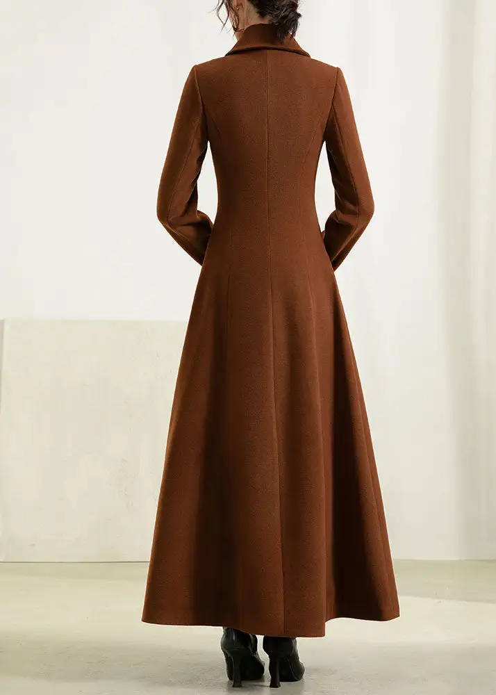 Refined Wool Blend Fit and Flare Single Breasted Pocketed Button Front Long Coat