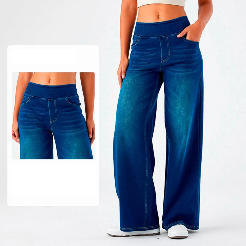 2026🔥  High Waisted Multiple Pockets Baggy Wide Leg Washed Stretchy Knit Casual Jeans