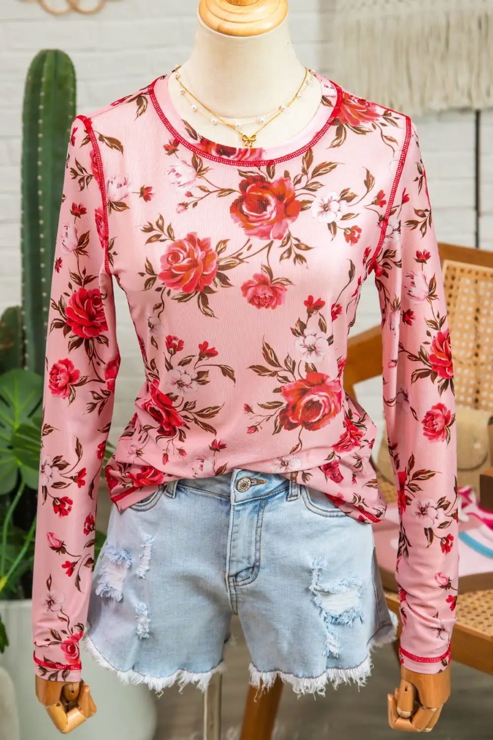Classic Floral Print Mesh Stretch Fabric Long Sleeve Top