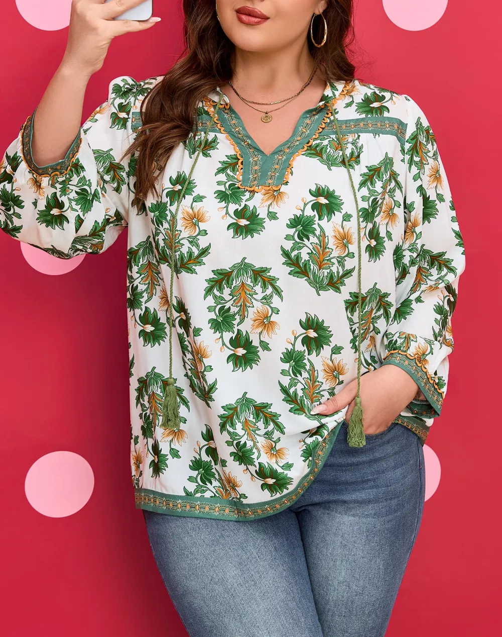 Women's Floral Print Patchwork Three Quarter Sleeve Top