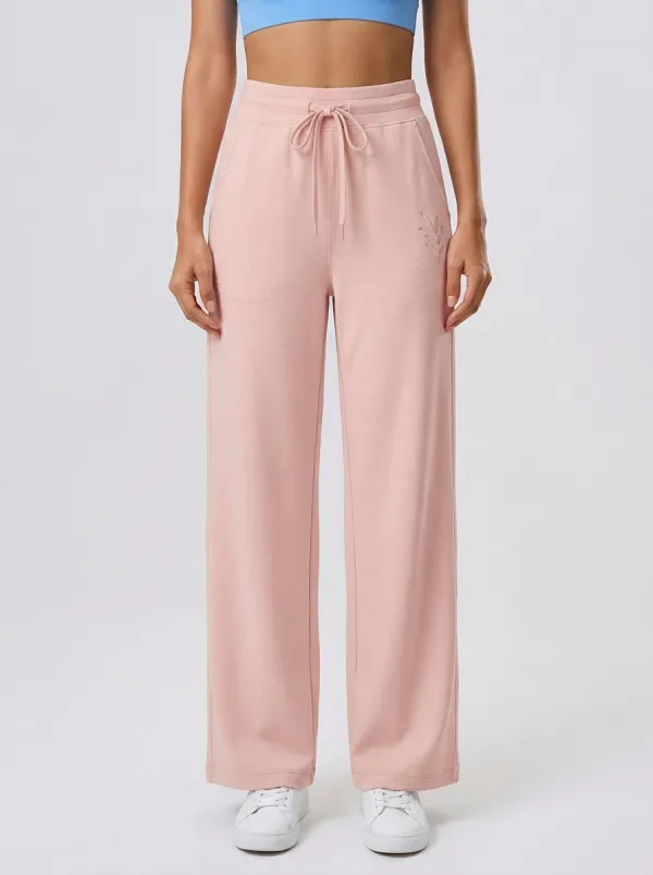 Women's Minimalist Beige Leaf Printed Wide Leg Sweatpants