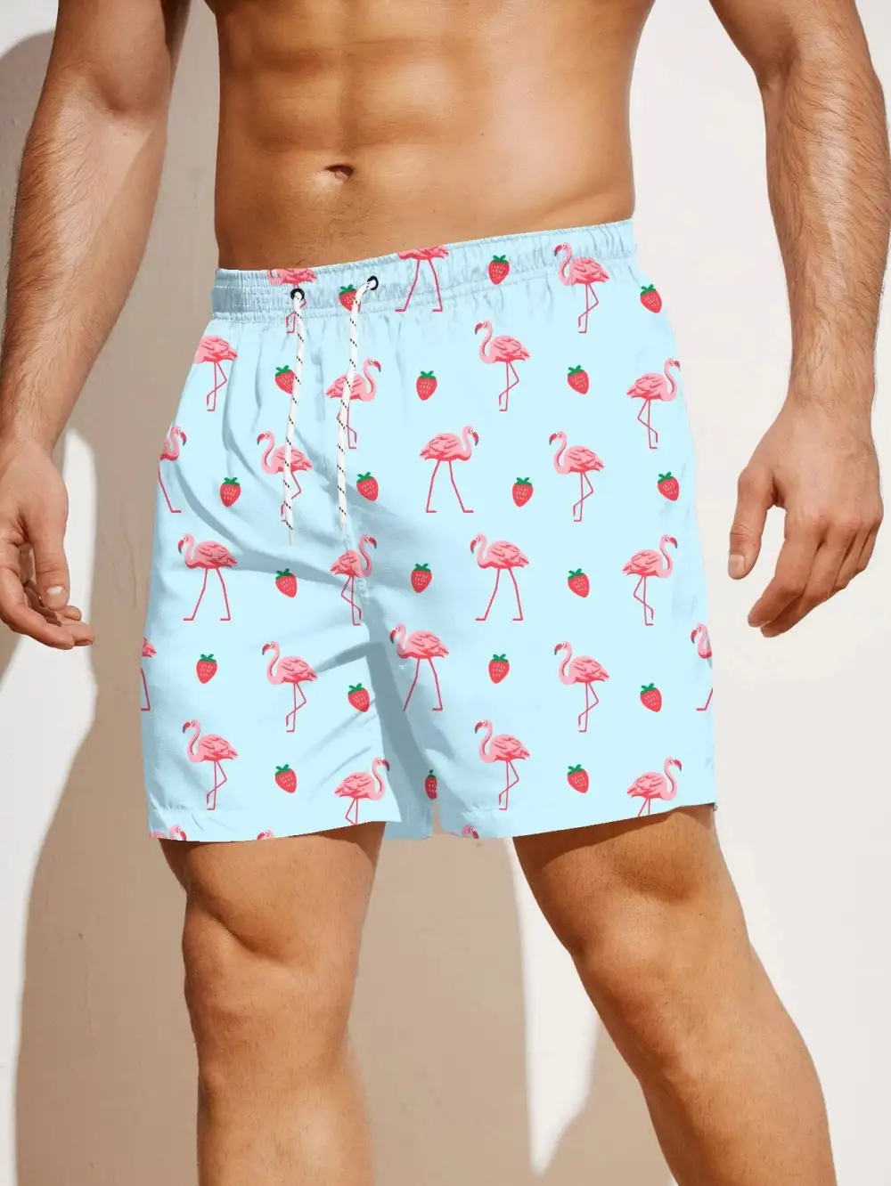 Men's Boho Flamingo Drawstring Allover Print Beach Shorts