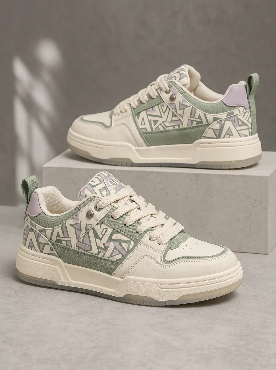 Men's Geometric Pattern Sage Green Printed Skate Shoes