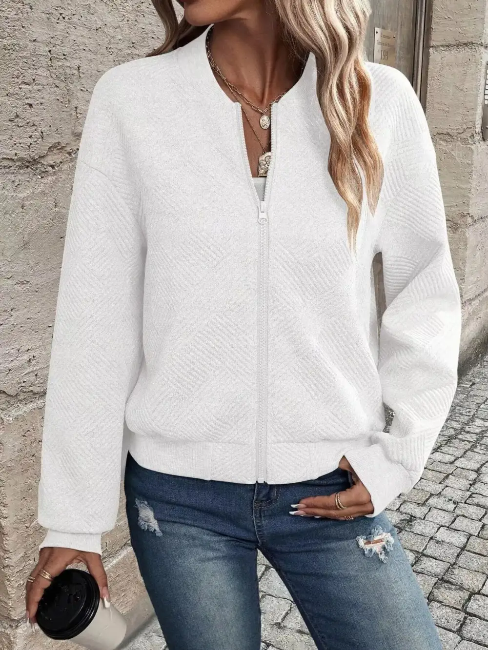 Plus Size Zip-Up Long Sleeve Textured Jacket